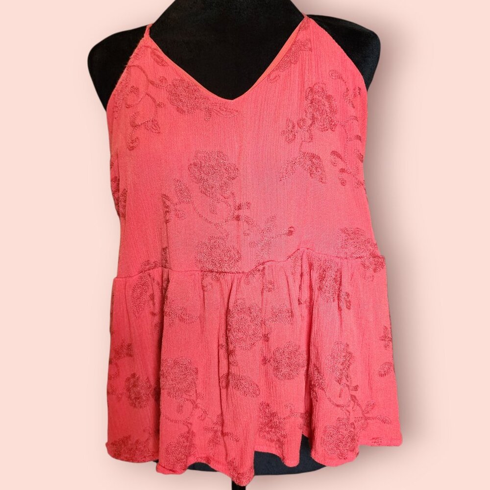 Daytrip orange embroidered boho babydoll top peplum hem spaghetti strap size L